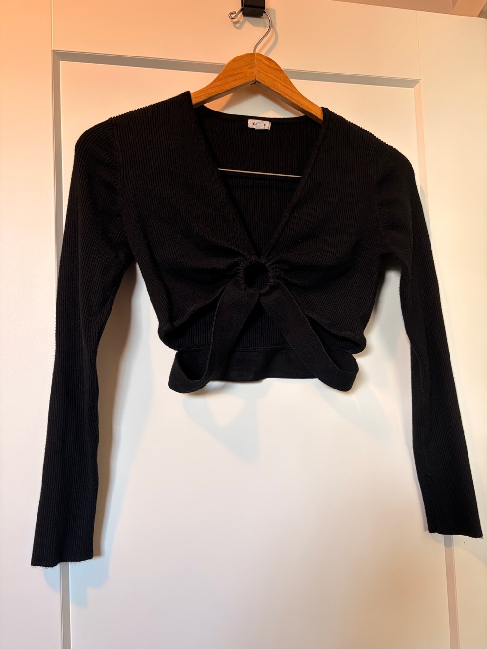 Garage Black Ribbed Long-Sleeve Tie-Front Top